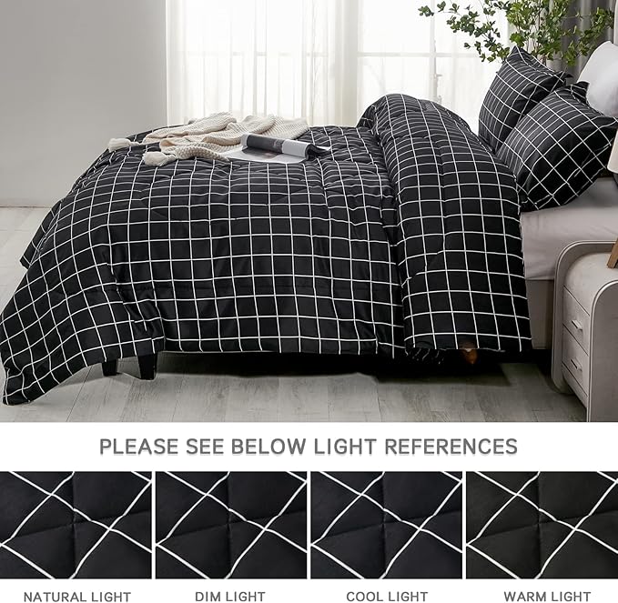 Andency Black Grid Comforter Set Twin Size (66x90 Inch), 2 Pieces(1 Grid Comforter and 1 Pillowcase), Summer Lightweight Microfiber Down Alternative Black Comforter with White Lines for Kids Girls