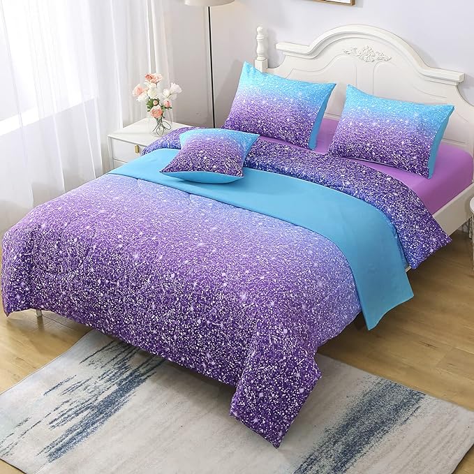 JQinHome Glitter Comforter Set Twin Size,6 Piece Bed in A Bag 3D Colorful Ombre Bedding Set for Girls kids(1 Comforter,2 Pillowcases,1 Flat Sheet,1 Fitted Sheet,1 Cushion Cover)(Blue Purple)