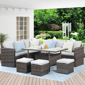 7-Pieces Furniture, PE Wicker Rattan Sets with Dining Ottomans, Patio Table and Chairs, Outdoor Sectional Sofa, Ec-Grey