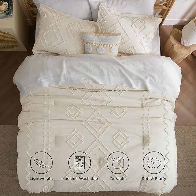Bedsure Boho Comforter Set King - Terracotta Tufted Bedding Comforter Set, 3 Pieces Farmhouse Shabby Chic Embroidery Bedding Set, Soft Geometric Pattern Comforter for All Seasons
