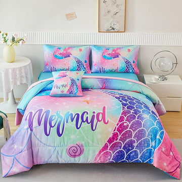 RYNGHIPY Mermaid Twin Girls Bedding Set, Colorful Rainbow Kids Girls Comforter Set with Sheets Soft and Lightweight, 6 Pieces Teen Girls Bed in a Bag