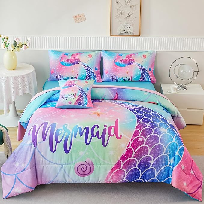 RYNGHIPY Mermaid Full Girls Bedding Set, Colorful Rainbow Kids Girls Comforter Set with Sheets Soft and Lightweight, 6 Pieces Teen Girls Bed in a Bag