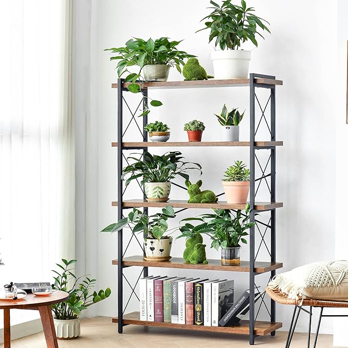 HCHQHS Bookshelf, 5-Tier Industrial Bookcase, Rustic Open Book Shelf, Freestanding Tall Bookshelves with Metal Frame