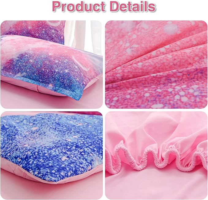 A Nice Night Galaxy Bedding Sets Outer Space Comforter 3D Printed Space Quilt Set Queen 6Pcs Glitter Pink,for Children Boy Girl Teen Kids