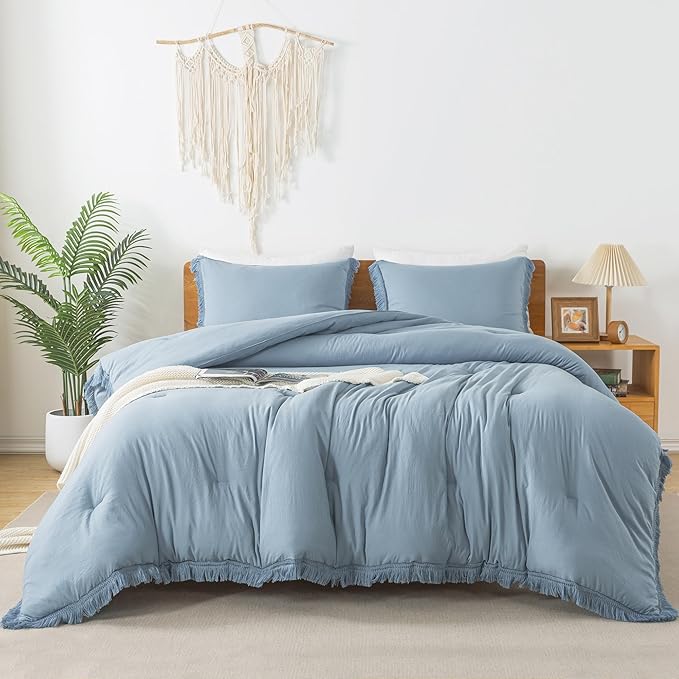 Andency Grayish Blue Comforter Set Full Size, 3 Pieces Boho Tassel Lightweight Bedding Comforter Sets, All Season Soft Fluffy Fringe Bed Set (79x90In Comforter & 2 Pillowcases)