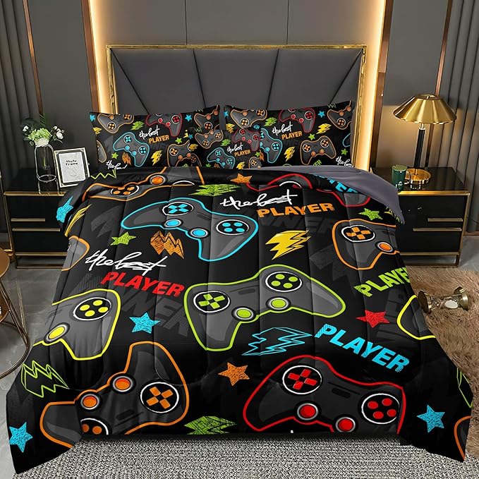6 Pieces Gamer Comforter Set for Boys Gaming Bedding Set Full Size,Video Game Controller Comforter for Boys Kids Adult 3D Gamepad Microfiber Bedding Sets 6 Pieces Bed in A Bag Sets3011,Full