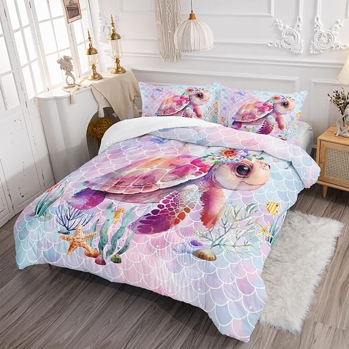 Axolotl Turtle Bedding Set Full,Colorful Underwater World Comforter Set for Kids Boys Girls Teens,Ocean Comforter Set with Jellyfish,Kids Bedding Set Print Colorful Fish Scales,1 Quilt 2 Pillowcases