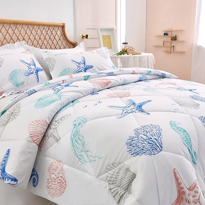 JSD 3 Piece Queen Beach Theme Kids Comforter Set, Jellyfish Starfish Shell Printed Comforter with Pillow Sham, Soft Comfortable Machine Washable