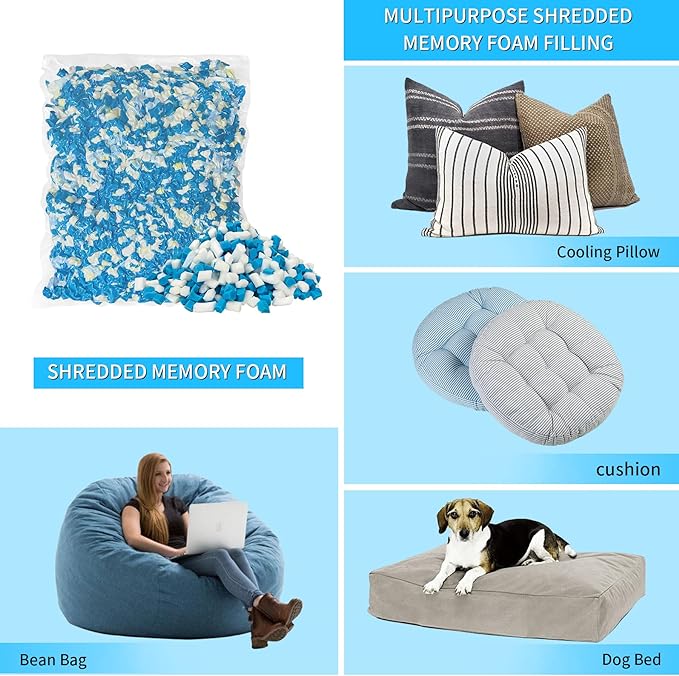 20 LBS Shredded Gel Memory Foam Filling, Comfortable and Soft Bean Bag Chair Filler, Memory Foam Stuffing for Cooling Pillow, Beanbag, Stuffed Animal, Dog Bed, Couch Cushion
