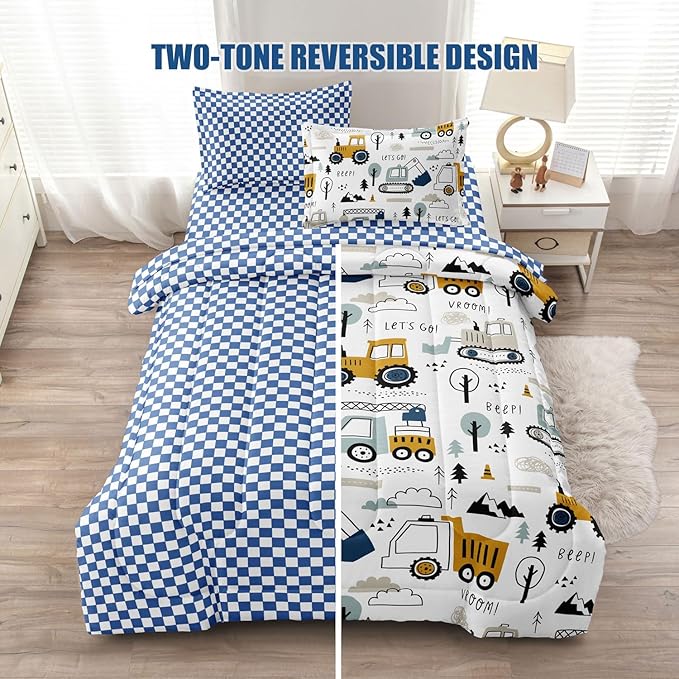 4-Pcs Construction Twin Size Boys Bedding Set, Kids Comforter Set for Teens w/Sheets and Pillowcase, Soft Cartoon Tractor Cars Bed in a Bag Sets