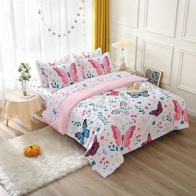 Girls Butterfly Comforter Set Full Size 7 Piece Bed in A Bag Colorful Flowers Leaves Bedding Set for Kids Teens Super Soft All Season