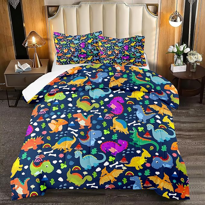 Dinosaur Full Size Bedding Set - Cartoon Dinosaur Full Size Comforter Sets for Boys Soft Breathable Blue Dino Quilt Kids Comforter Set Decor for Boys Bedroom, 1 Comforter 2 Pillowcase