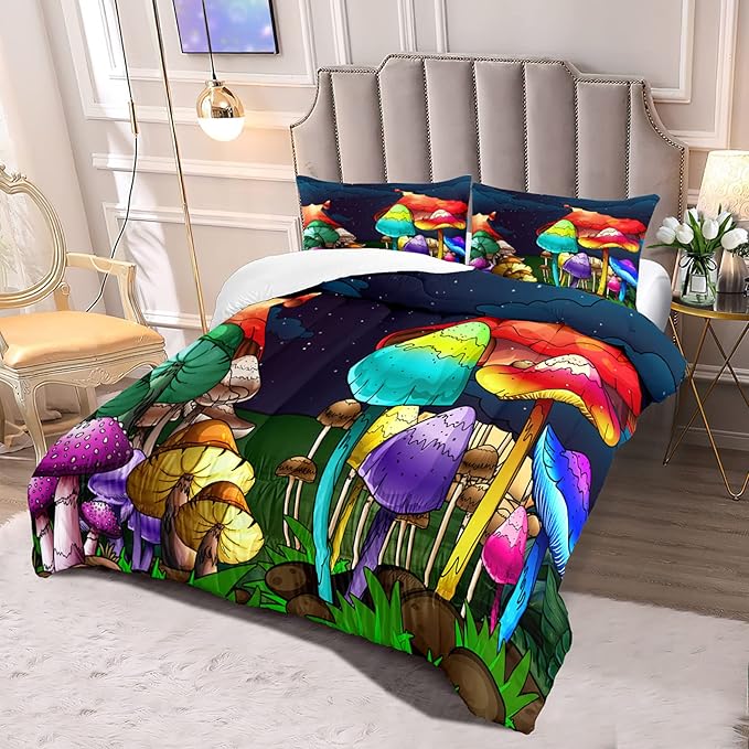 Mushroom Girls Full Size Bedding Sets Fantasy Mushroom Full Size Kids Bedding Set Girl Full Size Mushroom Series Comforter Set Full Size Girls Bedding Set Room Decor, 1 Comforter+2 Pillowcases