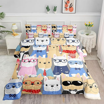 Datura home Dog Comforter Beddding Set for Kids Children,Puppy Pug Cute Dog Pattern Cartoon Career Pet Bedding Set with 1 Comforter and 2 Pillowcases(Dog Queen)