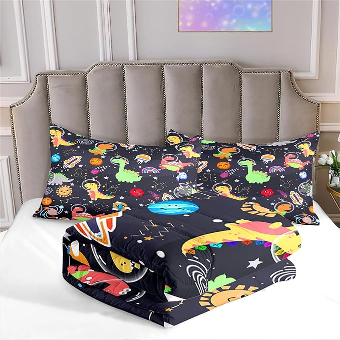 Boys Dinosaur Comforter Set Queen Size, 3Pcs Black Cartoon Dinosaur Bedding Set for Girls Kids Adults Bedroom Decor, Boys Comforter Set for All Season, Lightweight, 1 Quilt with 2 Pillowcases