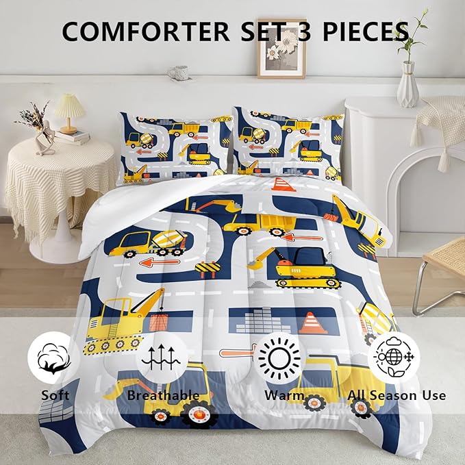 Axolotl Cartoon Excavator Bedding Set Full,Tractor Truck Bedding Set,Boys Construction Bedding Set,Yellow Vehicles Truck Comforter Construction Site Decor for Kids Boys Teens,1 Quilt 2 Pillowcases