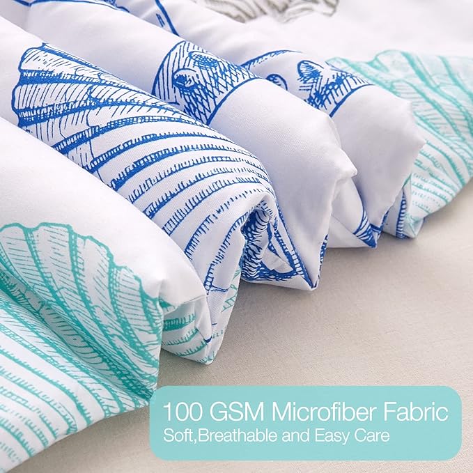 JSD 3 Piece Queen Beach Theme Kids Comforter Set, Jellyfish Starfish Shell Printed Comforter with Pillow Sham, Soft Comfortable Machine Washable