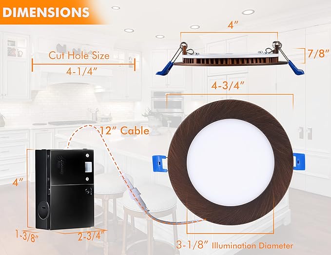 CLOUDY BAY Ultra Thin LED Recessed Ceiling Light,4 inch 3000K/ 4000K/ 5000K,Dimmable 10W CRI90+,Canless Light with Junction Box,IC Rated, Canless Wafer Downlight,Oil Rubbed Bronze,Damp Rated,6 Pack
