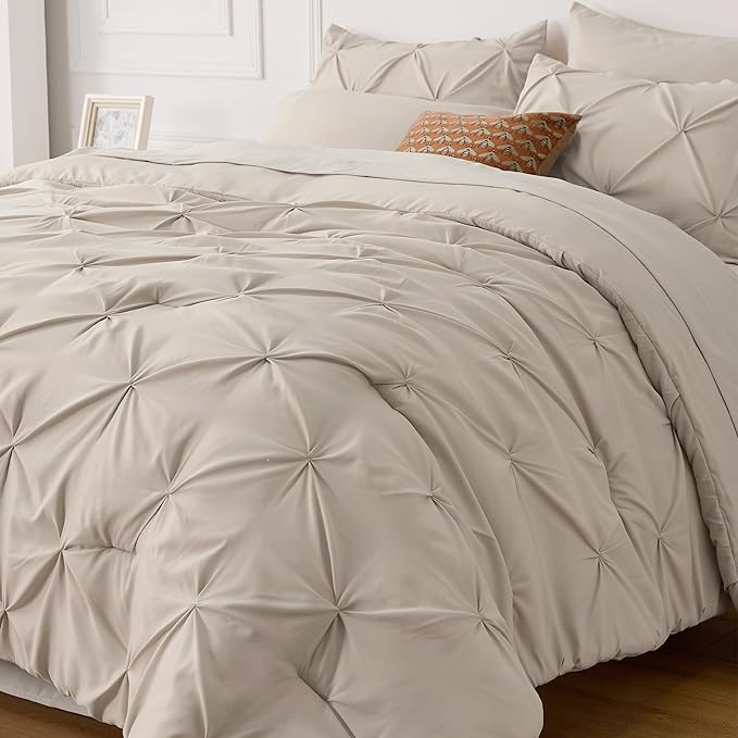 Bedsure King Size Comforter Set - Bedding Set King 7 Pieces, Pintuck Bed in a Bag Beige Bed Set with Comforter, Sheets, Pillowcases & Shams