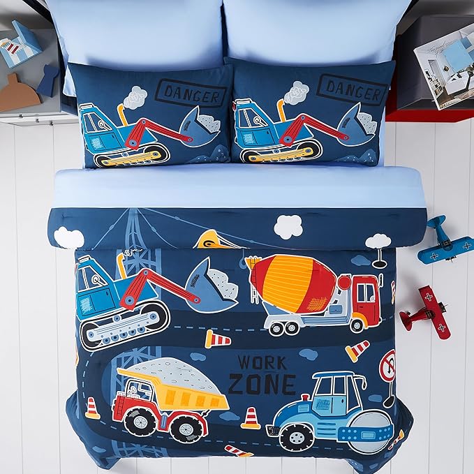 Truck Tractor Excavator Full Size Comforter Sets - Bedding Sets Full 7 Pieces for Boys, Glow in The Dark Bed in A Bag Full Size for Kids, Teens