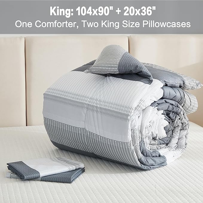 Litanika Comforter King Size Bed Set Light Grey - 3 Pieces Lightweight Bedding Comforter Sets Gray White Colorblock Stripe Fluffy All Season Bed Set
