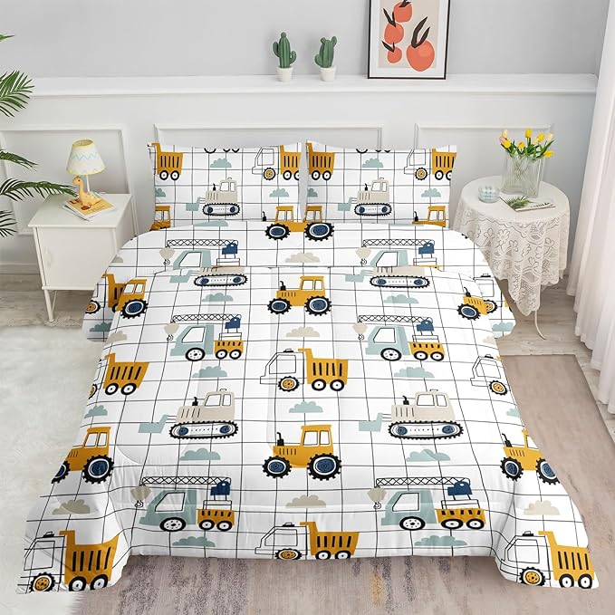 Datura home Construction Truck Set for Boys Kids Children, Machinery Excavators Vehicles Cartoon Tractor Bedding with 1 and 2 Pillowcases(ConstructionTruck Full), Full 80x90inches