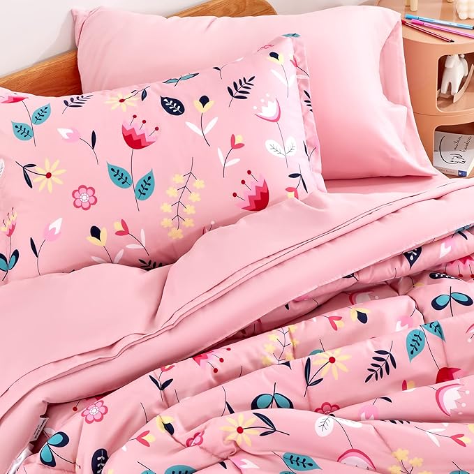 SLEEP ZONE Kids Twin Bedding Comforter Set - Super Cute & Soft Kids Bedding 5 Pieces Set with Comforter, Sheet, Pillowcase & Sham (Pink Flower)