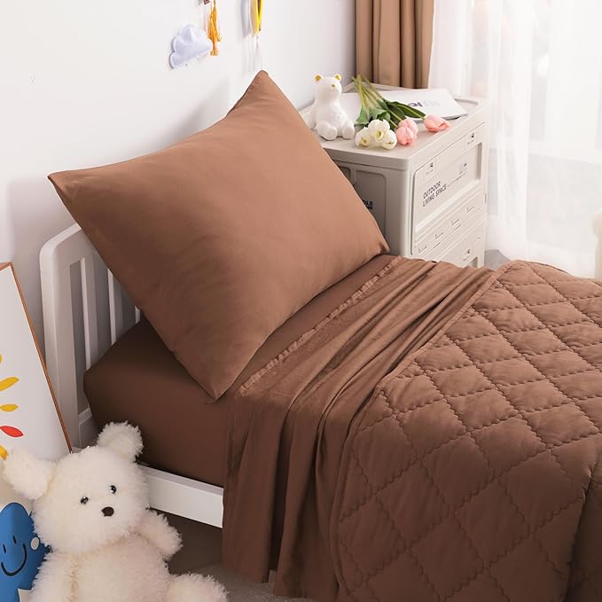 NTBAY Toddler Bedding Set - 4 Piece Soft and Breathable Crib Bedding Set for Boys and Girls, Includes Quilted Comforter, Fitted Sheet, Flat Top Sheet and Envelope Pillowcase, Brown