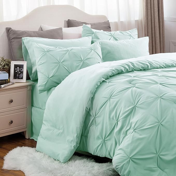 Bedsure Twin XL Comforter Set - Extra Long 5 Pieces Dorm Room Essentials, Pinch Pleat Mint Green Bed in a Bag with Comforter, Sheets, Pillowcase & Sham, Kids Bedding Set