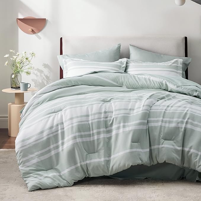 Bedsure Bed in a Bag California King Size 7 Pieces, Sage Green White Striped Bedding Comforter Sets All Season Bed Set, 2 Pillow Shams, Flat Sheet, Fitted Sheet and 2 Pillowcases