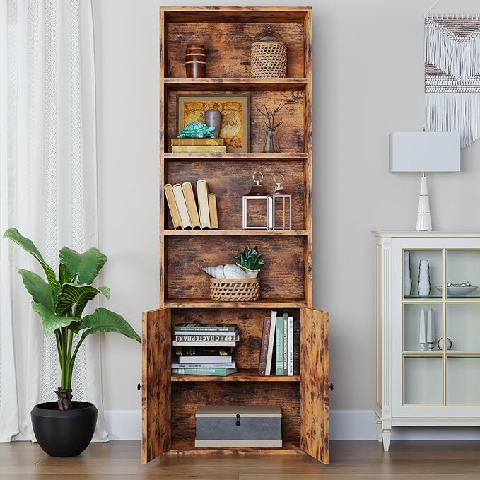 oneinmil 6 Tier Bookcase, Wooden Bookshelves with Cabinet Doors, Floor Bookshelf and Office Storage Cabinets for Home Office, Living Room,Brown