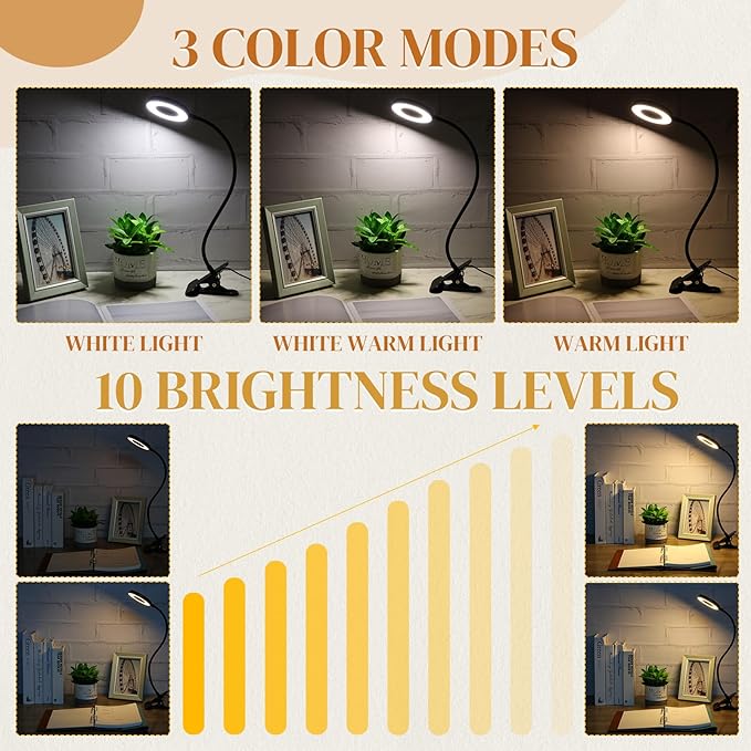 4 Pcs Desk Lamp Clip on Light 48 LEDs USB Clip Ring Light with 3 Color Modes and 10 Brightness Dimmable, Eye Protection Desk Light, 360° Flexible Gooseneck for Desk Headboard Reading