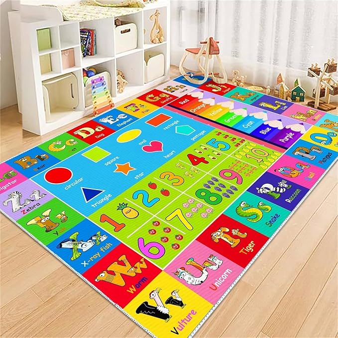Kids Alphabet Play Game Rug - -4'x6' ABC Numbers and Shapes Educational Learning Toddler Carpet - Kids Room Playroom Classroom Kindergarten Activity Fun Soft Non-Slip Mat