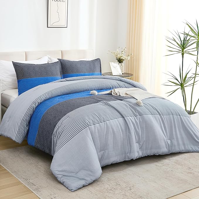 Litanika Bed Comforter Queen Set Grey Blue, Striped Bedding Comforter Set, 3 Pieces Lightweight Soft All Season Down Alternative Comforter (1 Comforter, 2 Pillowcases)