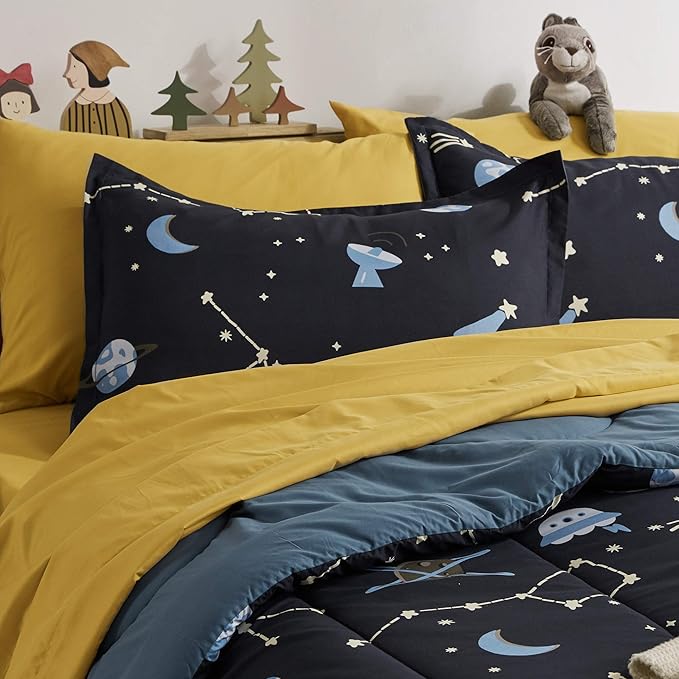 SLEEP ZONE Kids Twin Bedding Comforter Set - Super Cute & Soft Kids Bedding 5 Pieces Set with Comforter, Sheet, Pillowcase & Sham (Navy Galaxy)