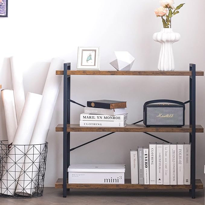 HCHQHS Bookshelf, 3-Tier Industrial Bookcase, Rustic Open Book Shelf, Wood and Metal Horizontal Bookshelves