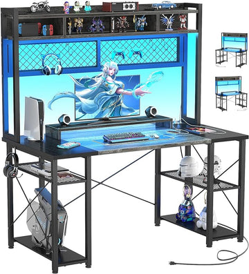 armocity 2024 Upgrade Gaming Desk with Hutch, 48'' Magic Computer Desk with LED and Outlets, Reversible Workstation Desk with Pegboard, Grey/Black