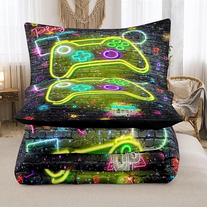 Boys Queen Size Bedding Set, 3 Pieces, Gamepad 08, Includes 1 Comforter & 2 Pillowcases