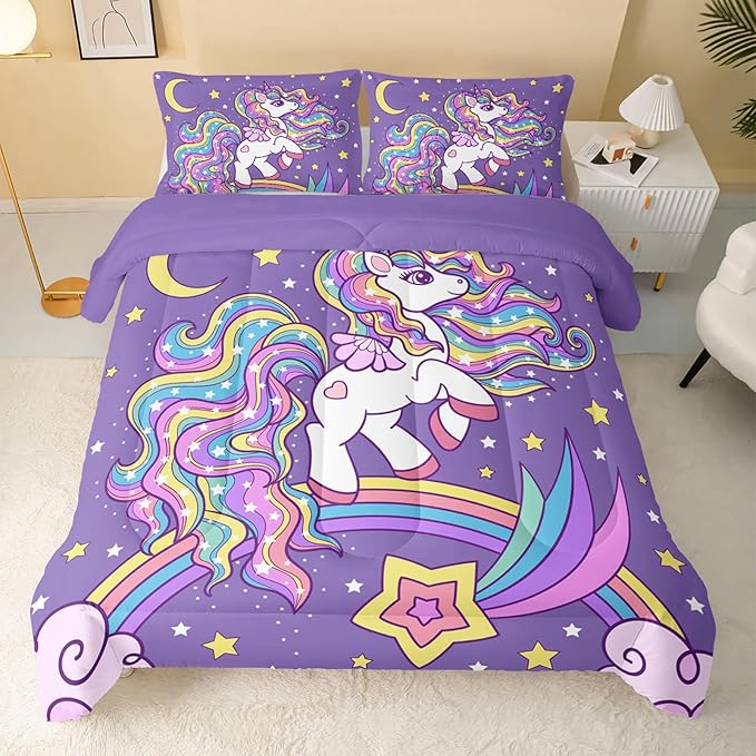 Unicorn Comforter Full Size,Rainbow Unicorn Comforter Set for Kids Teens Girls,3Pcs Bedding Set Printed Comforter with 2 Pillowcases,Down Alternative,Soft and Lightweight(Purple，Full Size)