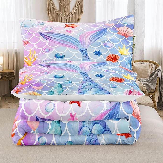 NINENINE Full Size Bedding Sets 5PCS Girls Mermaid Comforter Set Princess Toddler Bedding Sets Glitter Comforter Set(1Comforter, 1Flat Sheet, 1Fitted Sheet, 2Pillowcases)…