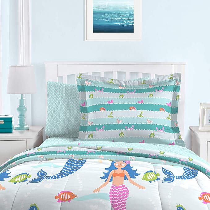 dream FACTORY Kids 5-Piece Complete Set Easy-Wash Super Soft Microfiber Comforter Bedding, Twin, Light Blue Mermaid Dreams