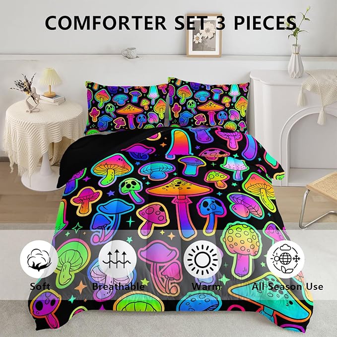 Mushroom Comforter Set Kids Bedding Set Queen,3Pcs Colorful Soft Black Gradient Mushroom Quilt Set Bed in A Bag with 1 Comforter 2 Pillowcases for Kids Boys Girls Teens Adults Room Decor All Season