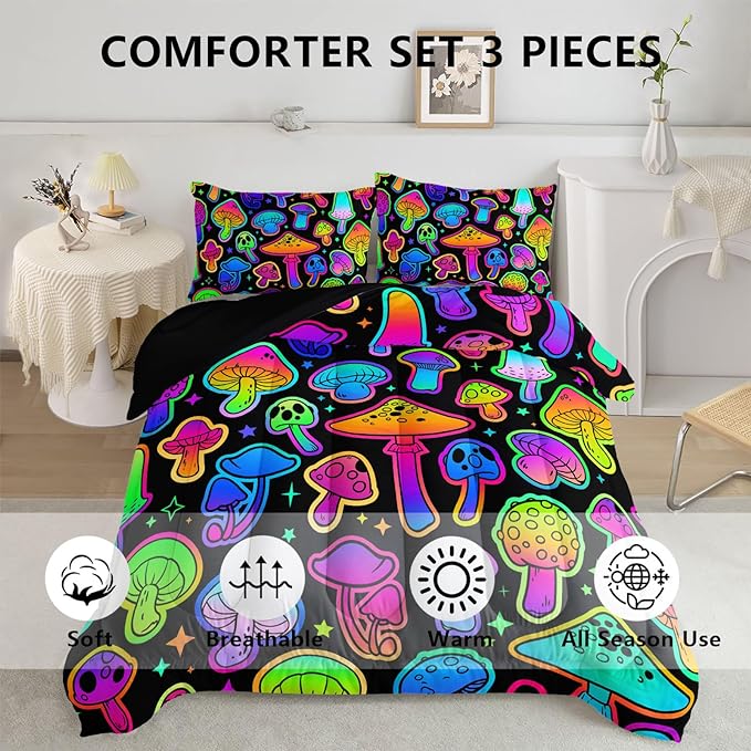 Mushroom Comforter Set Kids Bedding Set Twin,3Pcs Colorful Soft Black Gradient Mushroom Quilt Set Bed in A Bag with 1 Comforter 2 Pillowcases for Kids Boys Girls Teens Adults Room Decor All Season