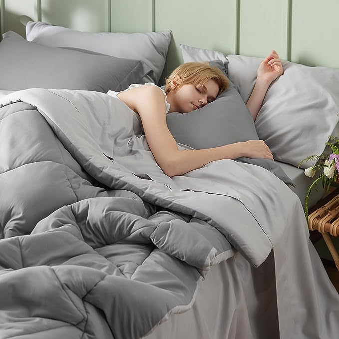 Bedsure Full Size Comforter Sets - 7 Pieces Reversible Full Bed in a Bag, Grey Full Bedding Sets with Comforters, Sheets, Pillowcases & Shams
