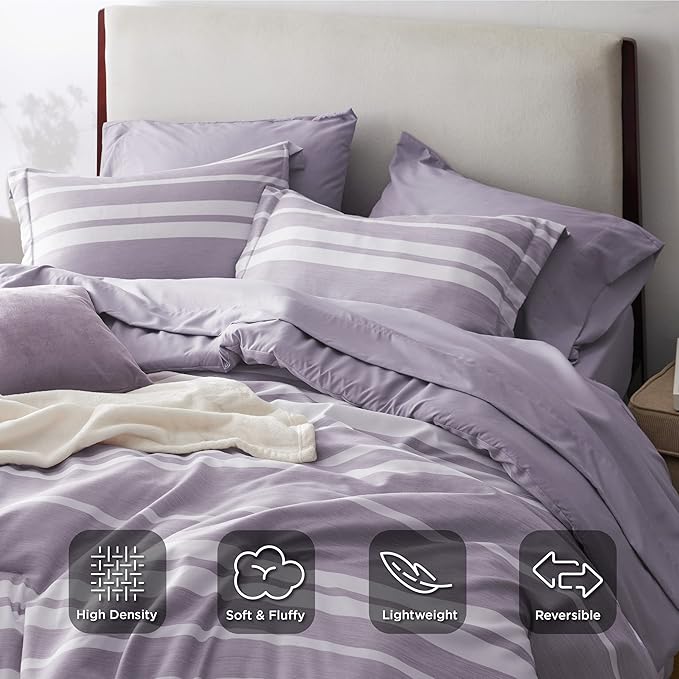 Bedsure Bed in a Bag Queen Size 7 Pieces, Purple White Striped Bedding Comforter Sets All Season Bed Set, 2 Pillow Shams, Flat Sheet, Fitted Sheet and 2 Pillowcases