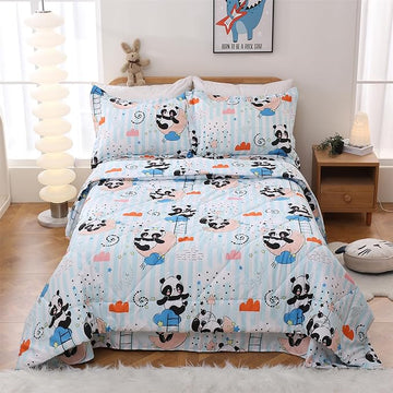 JSD Cute Panda Kids Comforter Set, 3 Pieces Full Microfiber Comforter with Pillow Shams, Soft Comfortable Machine Washable