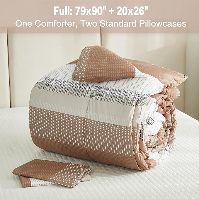 Litanika Full Size Comforter Sets Beige, 3 Pieces Lightweight Taupe Khaki White Colorblock Stripe Fluffy Bedding Comforter Sets, All Season Bed Set