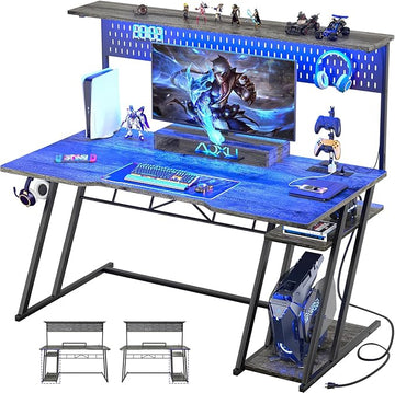 armocity 55'' Gaming Desk with Hutch and LED Lights, Gaming Computer Desk with Storage Shelves & Z-Shaped Legs, Reversible PC Gaming Desk with Pegboard, Ergonomic Desk for Bedroom, Grey Oak