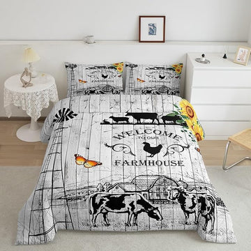 Rustic Windmill Bedding Comforter Sets Cowboys Farmhouse Comforter Set Twin Size, Western Farm Barn Door Bedding for Girls Boys Teens Sunflower Floral Western Cow Theme Quilt with 1 Pillowcase, Twin