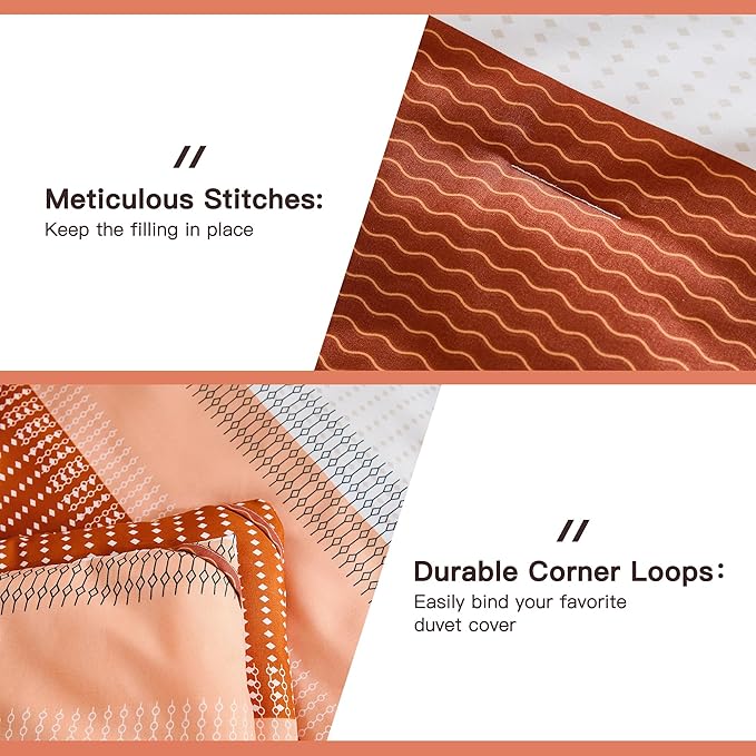 Litanika Burnt Orange Comforter Sets for Queen Bed, 3 Pieces Boho Terracotta Stripe Colorblock Bedding Comforter Set, Rust Fluffy Bed Set (90x90In Comforter, 2 Pillowcases)